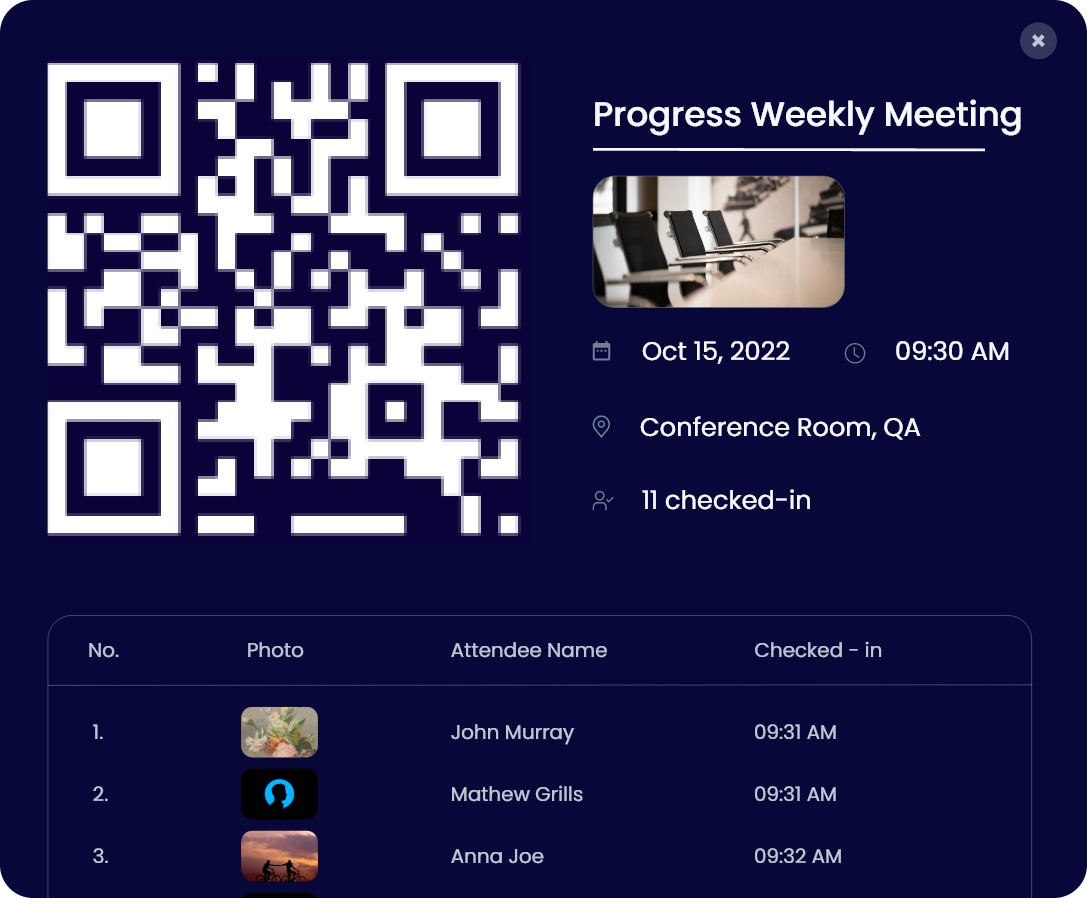 QR code check-in screen for a recurring weekly meeting showing the scan code and a live checked-in attendee list