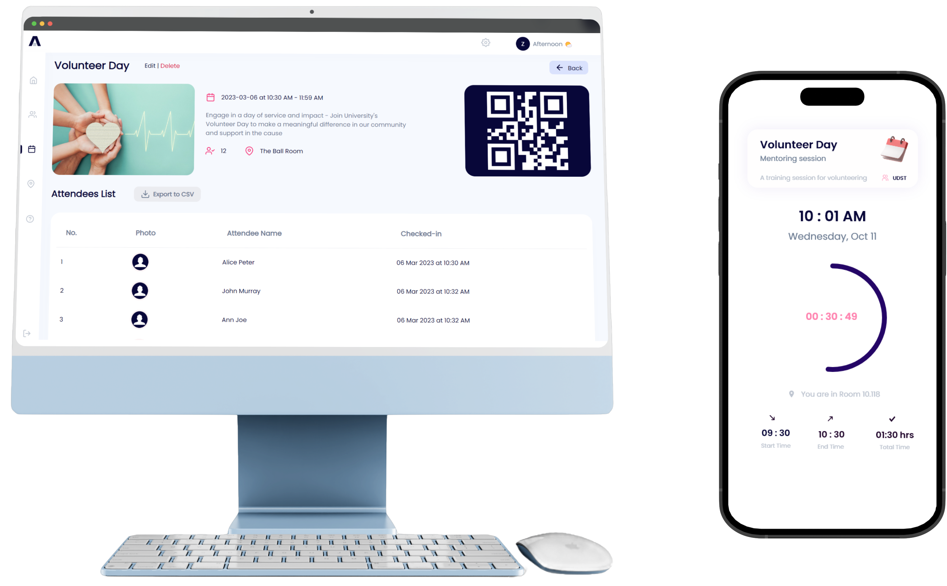 QR code attendance software showing an event dashboard with attendee check-in list and CSV export
