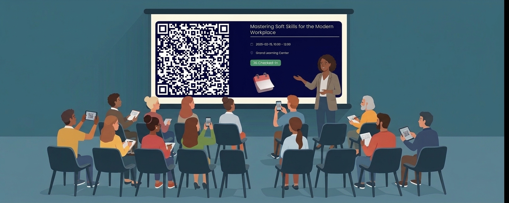 Teacher presenting to a class while the attendance QR code for the lesson is projected on screen, showing 36 students checked in as they scan with their phones and tablets