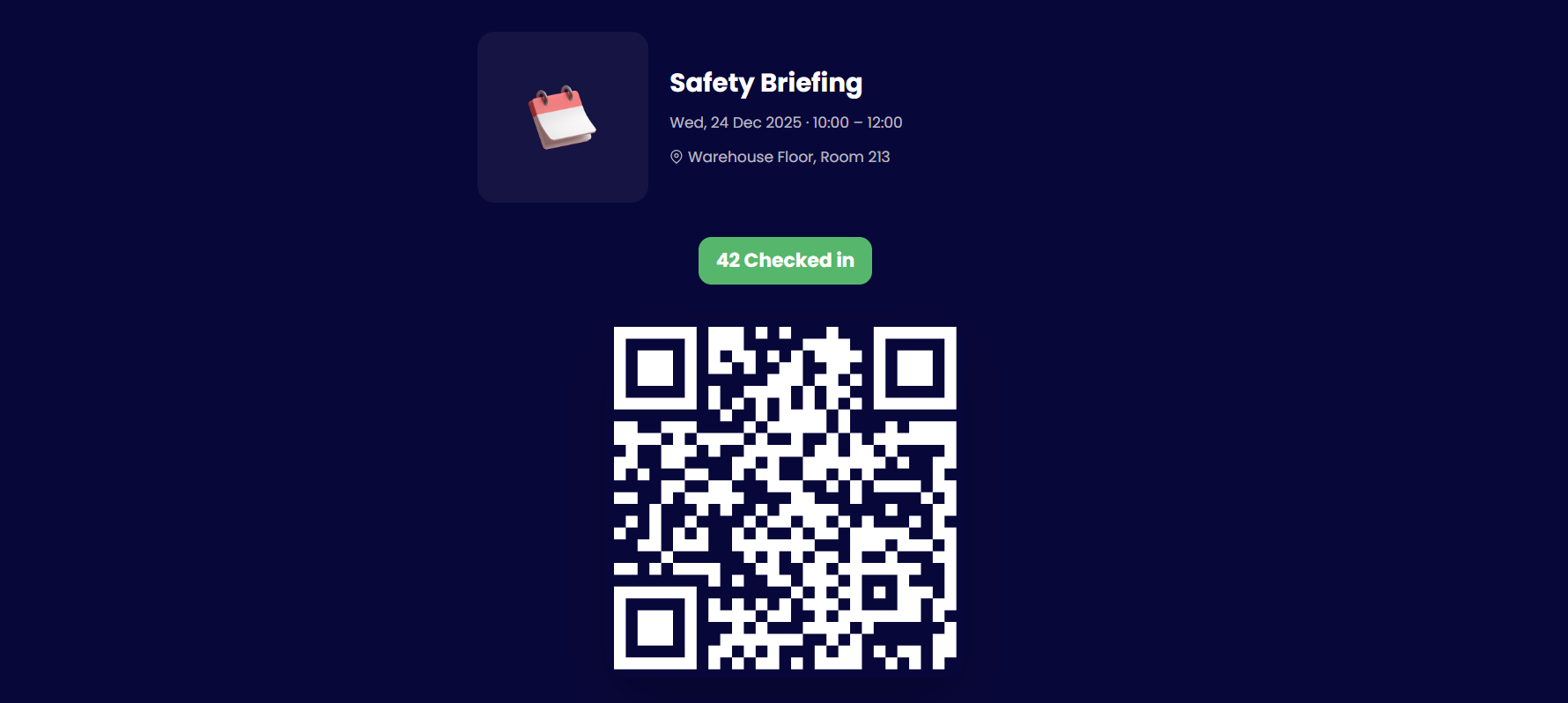 Fullscreen QR code check-in screen for a safety briefing session, showing the scan code and a live count of 42 attendees checked in